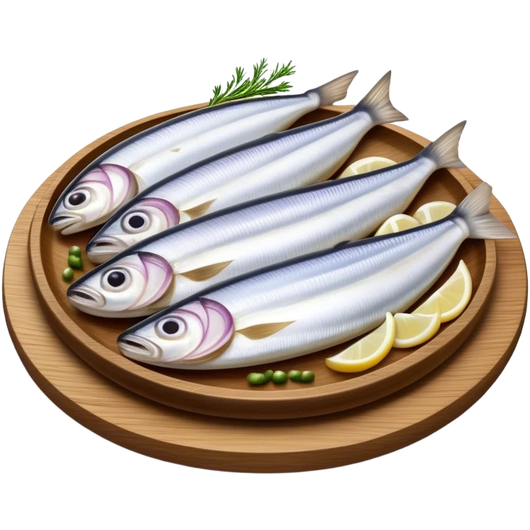 Cinematic Realistic Herring Dish Emoji, showcasing a traditional preparation of fresh herring with onions rendered with lifelike detail and cool, crisp lighting. emoji