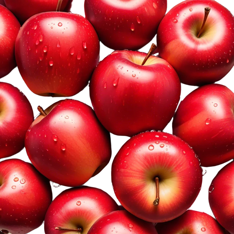 Cinematic crisp, shiny red apples, glistening under soft natural light, perfectly round with tiny water droplets, warm rich hues, highly detailed and fresh. emoji