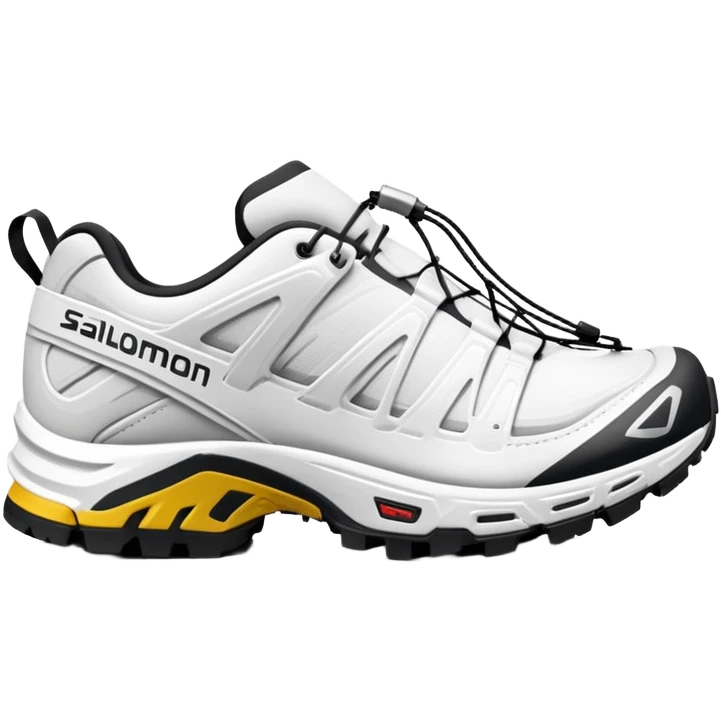 Super simplified pair of white Salomon XT-6 shoes, flat design iOS emoji style, minimal approach with only the most essential details, one positioned behind the other emoji