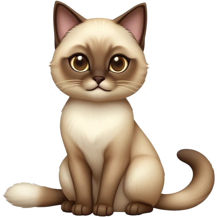 cinematic-[siamese cat]-realistic-full-body-sitting-emoji,-tail-curled-playfully-around-its-paws,-head-tilted-dramatically,-fluffy-[brown mask white light brown back]-fur,-simplified-yet-realistic-focused-features,-highly-detailed,-glowing-with-an-almost-sarcastic-glow emoji