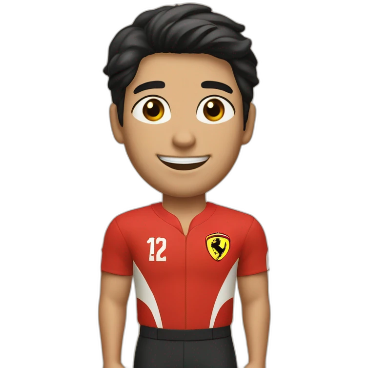 A smiling white teen with a long face in red Ferrari jersey with very short black hair and light green eyes and dig cheeks emoji