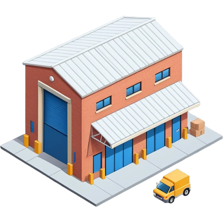 Single story warehouse building in isometric view with loading dock and roll-up door emoji