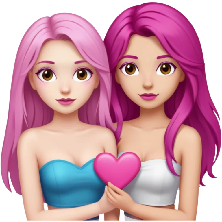 gorgeous pale girl with long magenta hair latina makeup next to a gorgeous girl with blonde hair brown eyes and a light pink heart above them both wearing tube tops emoji