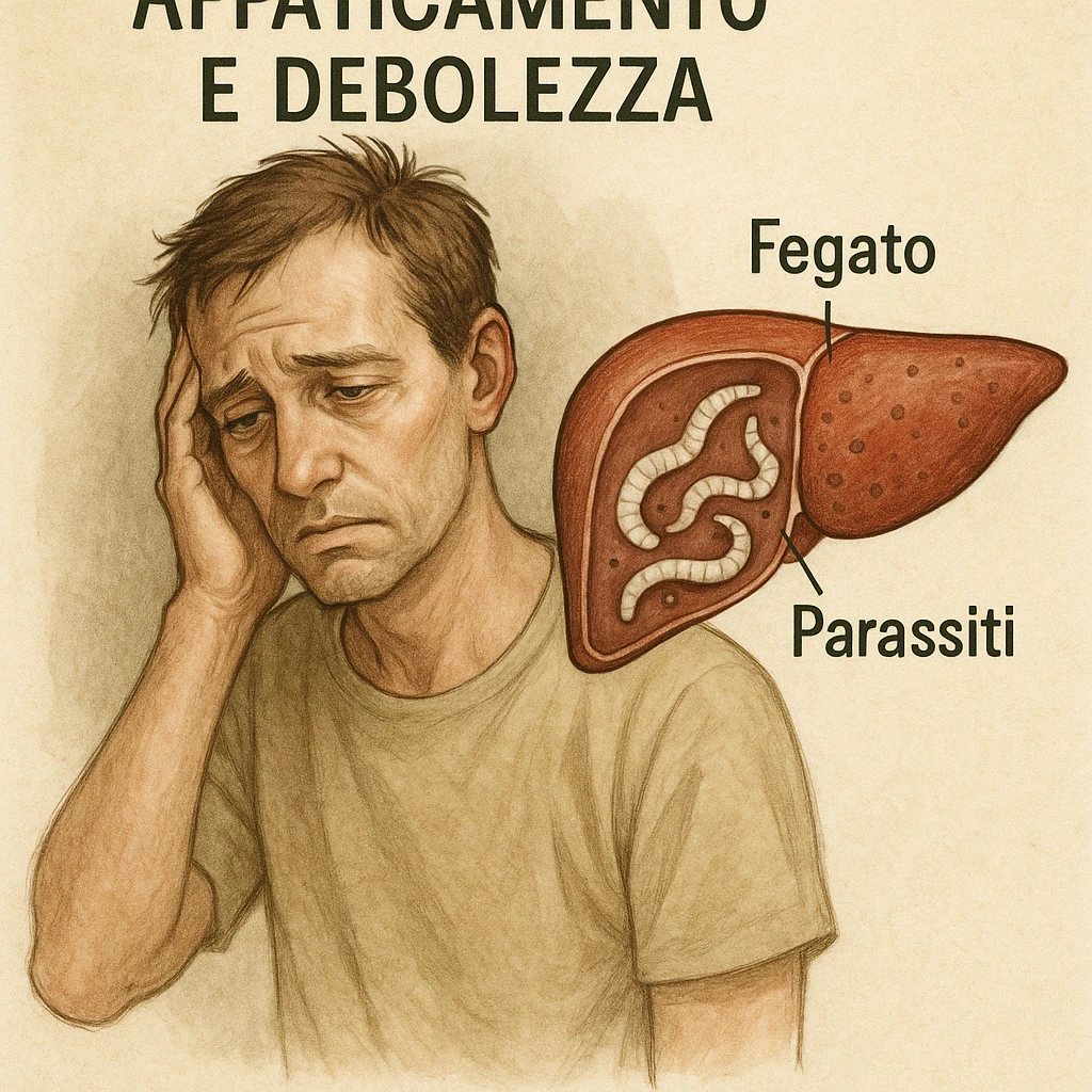 realistic medical illustration of a person looking fatigued and weak, with a stylized cross-section of the liver showing parasites, educational and respectful, with Italian labels, no explicit details emoji