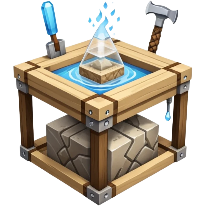 crafting table with tools, stone, wood, glass, sand, steam, water... like a minecraft style cube crafting table 100% like a minecraft table crafting, with on the right, left, a glass showing crafting merging between stone and wood emoji