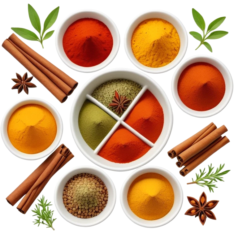 Assorted colorful spices in small bowls, including red paprika, yellow turmeric, green herbs, and brown cinnamon sticks emoji