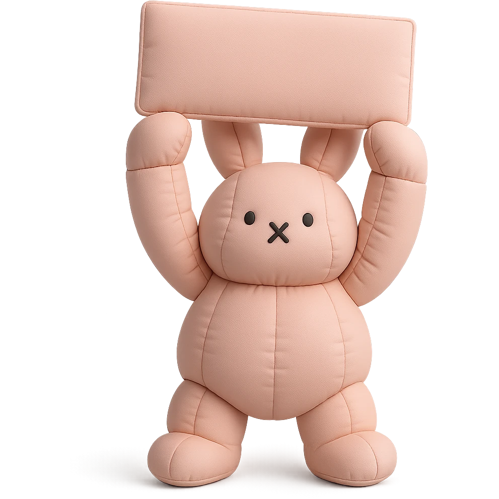 full-body rosy bunny holding a signboard high above its head, cushion style emoji