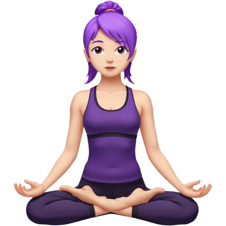 A woman with purple hair standing tall in mountain pose, wearing a black yoga outfit, calm expression, mandala background, digital art style. emoji