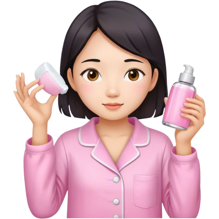 angelic asian girl doing skin care in pink pajamas emoji