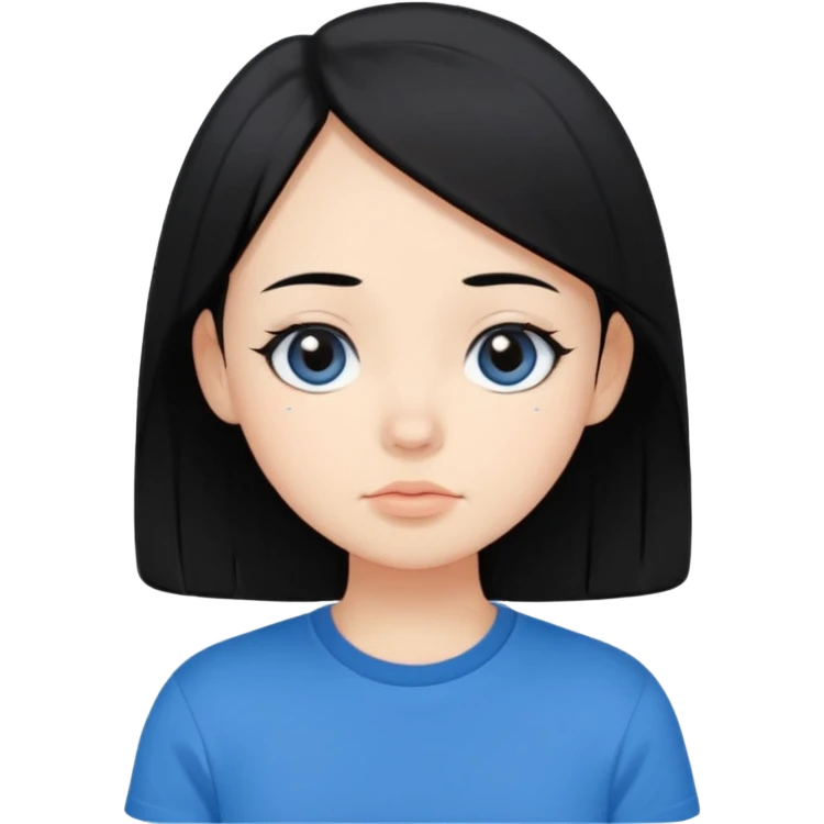 Cute cartoon-style girl portrait, black hair, blue t-shirt, big black eyes, closed mouth,clean bold lines, flat colors, minimal shading emoji