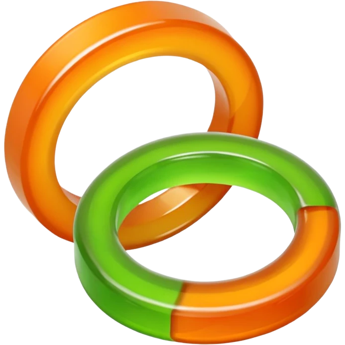 2 gummy rings, first one half orange half cream color, second one half green colored and other half cream colour, both sugarcoated emoji