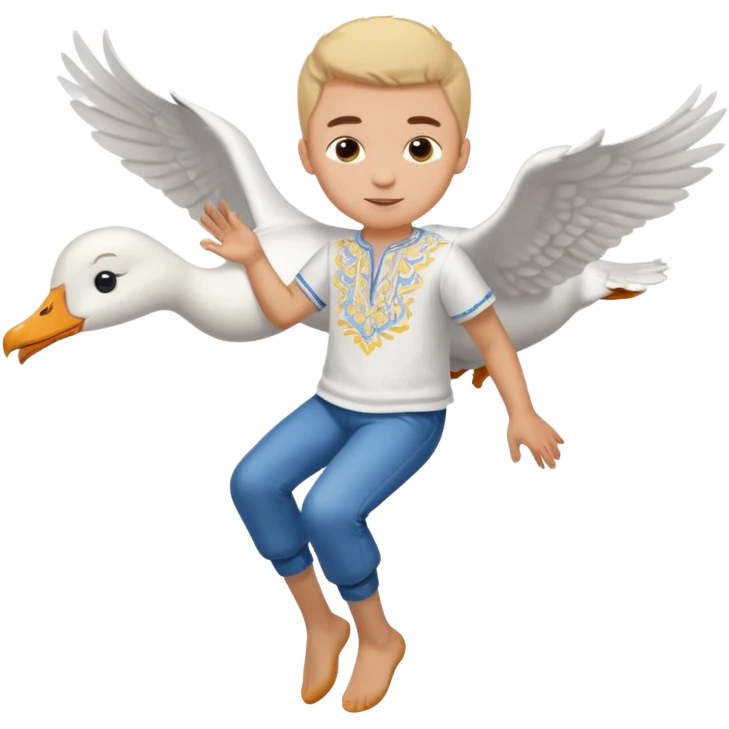 A boy in a Ukrainian white embroidered shirt flies on a white goose emoji