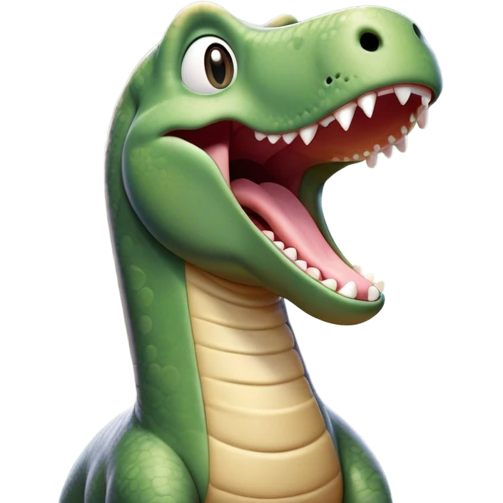 Cinematic Cute Yawning Brontosaurus Portrait Emoji, Head tilted slightly with a dramatic, wide-open yawn, showcasing its monumental, elongated neck and a massive, textured body with sleepy, half-closed eyes and a relaxed, open mouth, Simplified yet irresistibly cute features, highly detailed, glowing with a soft, cozy ancient glow, high shine, relaxed yet expressive, stylized with a dash of whimsical prehistoric ease, soft glowing outline, capturing the essence of a drowsy yet affectionate Brontosaurus that appears ready to stretch and yawn its way out of the screen! emoji