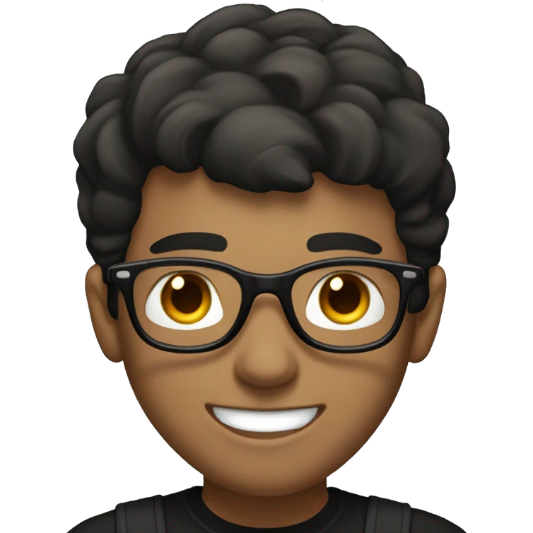 young man with a white and a friendly, confident smile. He has short dark hair and is wearing round glasses. He's dressed in a plain black t-shirt and he is working on a mac emoji