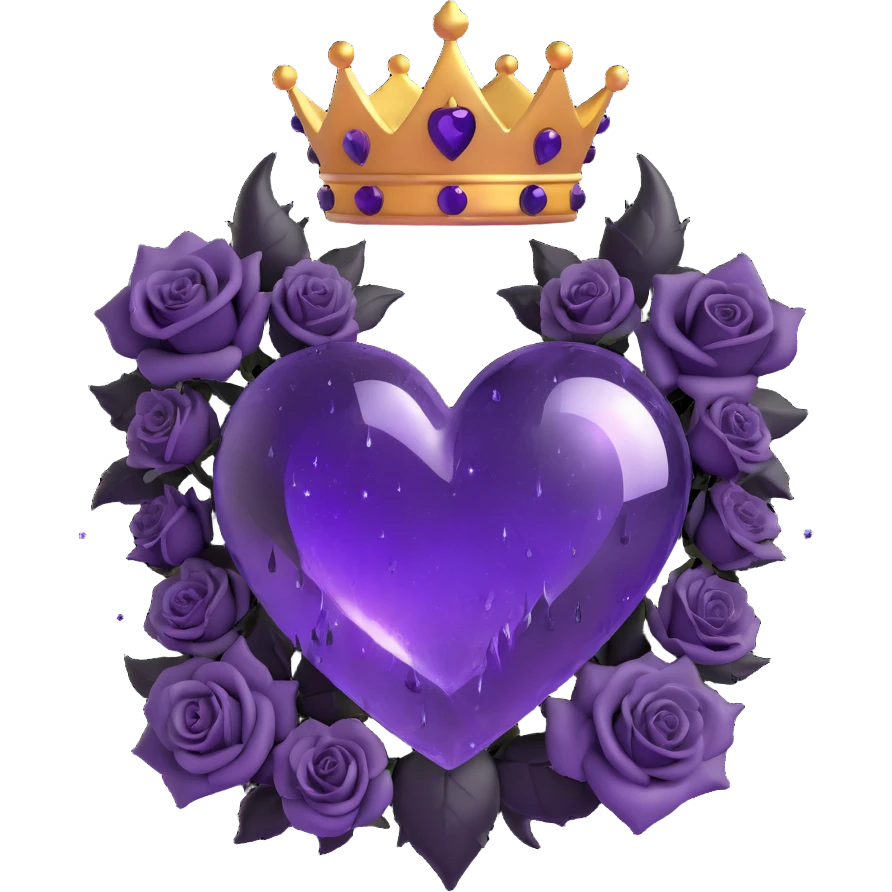 gothic heart made of purple glass with a crescent moon below the heart, black roses forming a crown, twinkling stardust, split lightning, scattered raindrops, splintered cracked glass texture emoji