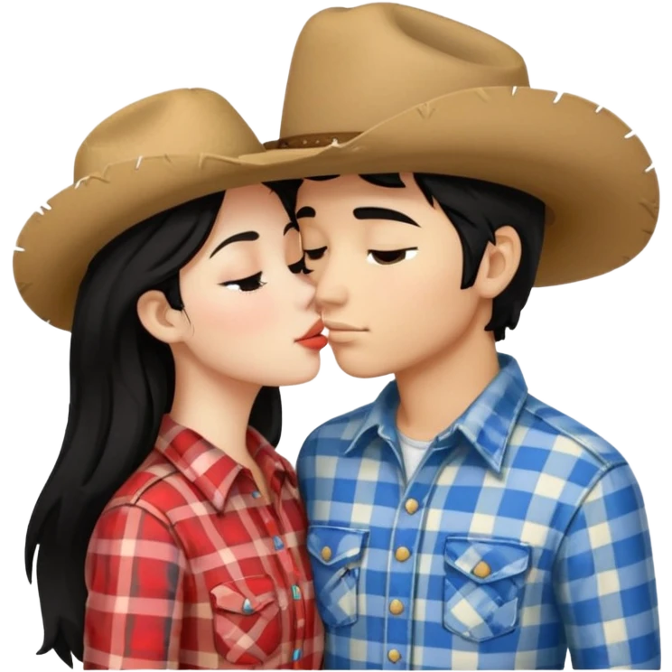 A black haired girl, witb white skin, kissing a boy in a cowboy hat and llaid shirt  emoji