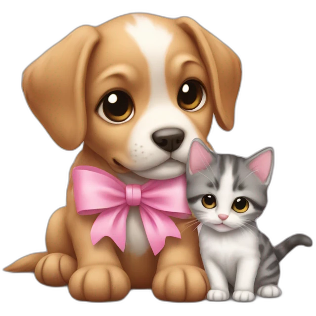 small puppy with a kitten, both with a pink bow emoji