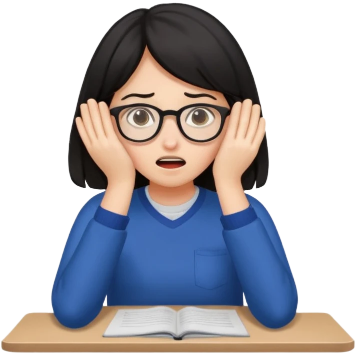 A dark-haired student panics during an exam, covering her face with her hands and not knowing what to do. emoji