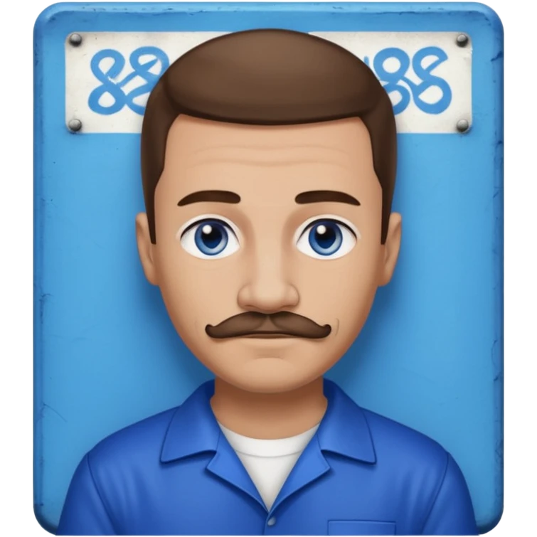 Graffiti from Lockdown with light skin, blue eyes, brown hair and thin mustache , cobalt blue inmate outfit  emoji