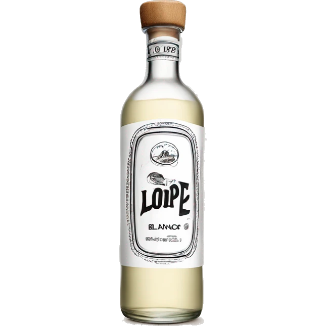 Long clasic cylindrical tequila blanco bottle with the text "lopez" written in the middle of the label and a light wood cap emoji