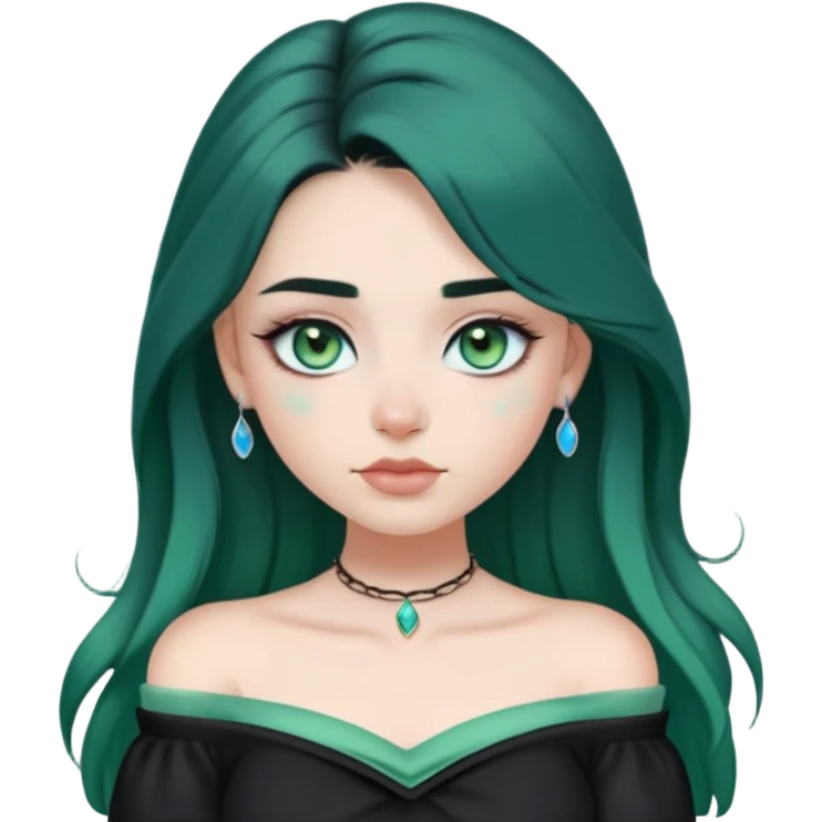 a soft, dolllike emoji girl with light sage green skin and big green-blue eyes, long black hair that swoops gently at the ends, a tiny silver nose stud and a eyebrow piercing on the left side. off the shoulder black top that shows her collarbones emoji