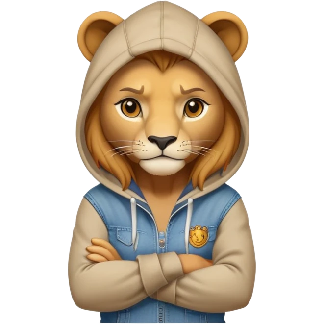 determined anthropomorphised female lion in a hoodie and jeans with arms folded, energetic pose emoji