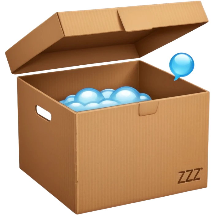 emoji of sleeping box, box is brown colored, open and empty, with a tiny Zzz bubble emoji
