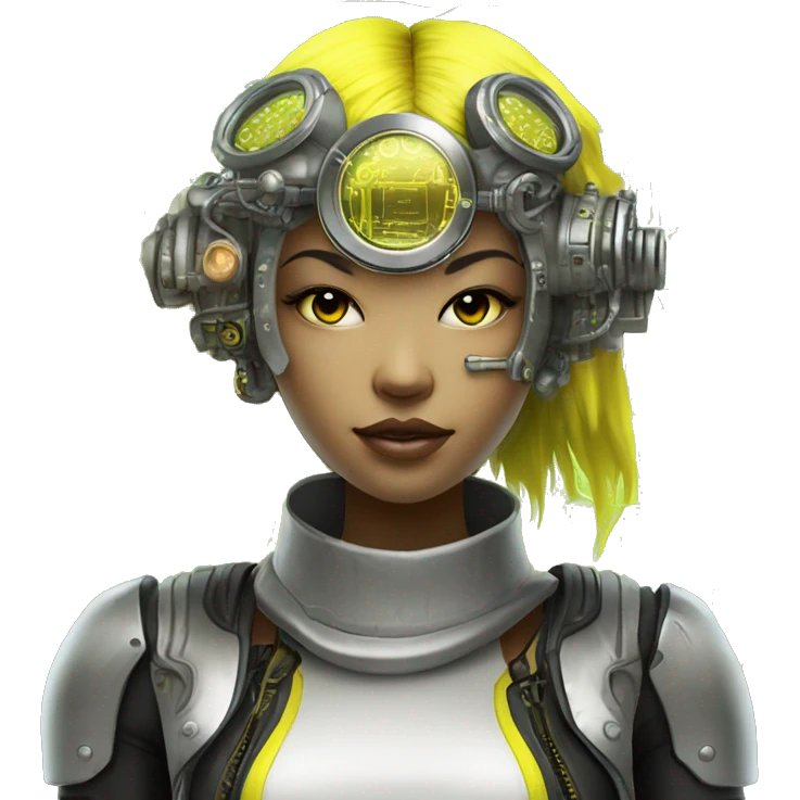 Neon yellow bobbed hair Asian female cyborg head with silver steampunk goggles and circuits emoji