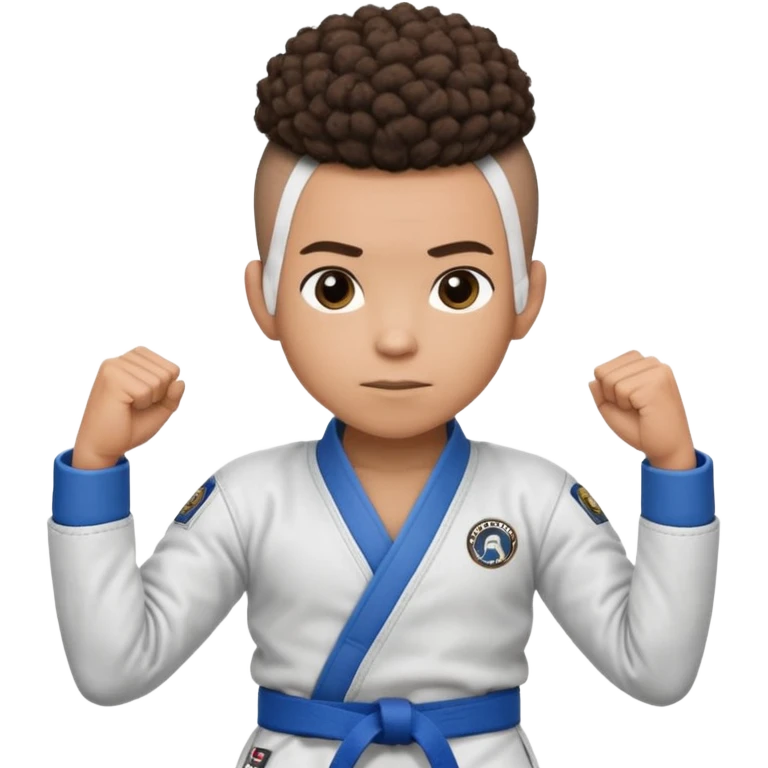 Mixed race boy BJJ instructor with pony tail afro hair and shaved bald sides haircut, Make the hair brown and the belt blue. Add the roger Gracie academy logo on the go also and the p logo of progress jiu jitsu on the right arm sleeve  at the top emoji