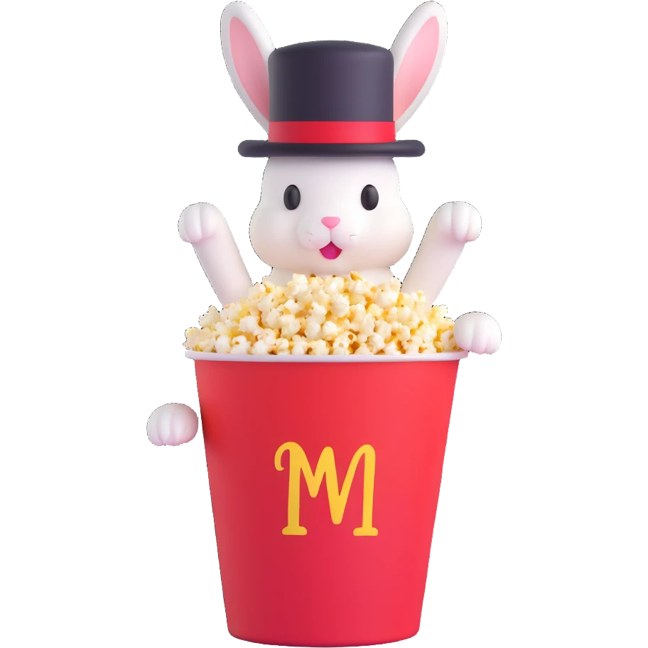 popcorn bucket with a white bunny popping out wearing a black top hat emoji