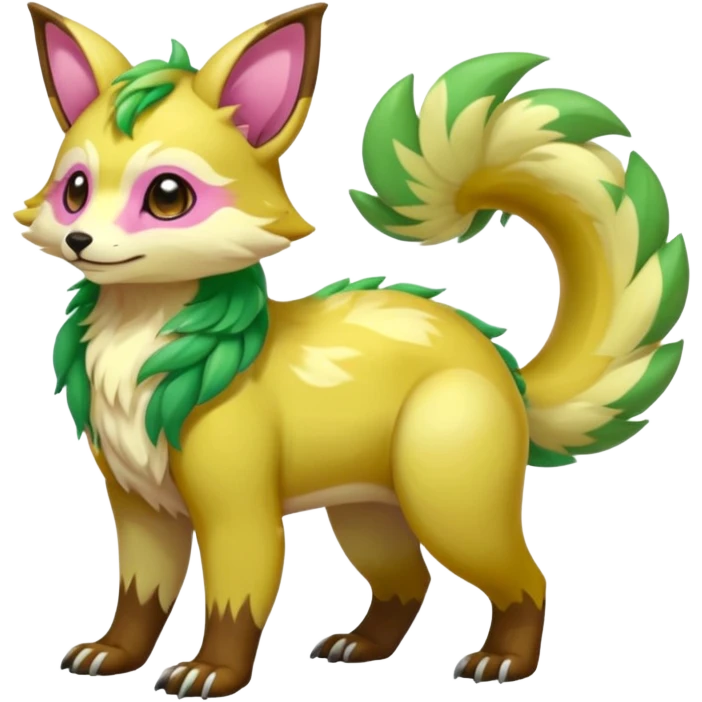 Colorful brown with rose-pink, yellow-beige-cream, jade-green tropical exotic shiny beautiful fantasy-Vernid-Cacomistle-animal-Fakémon-hybrid-fursona (full body) emoji