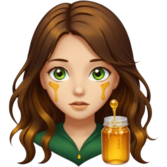 Pretty girl, with long dark brown honey hair and green eyes and hair strands dripping with honey emoji