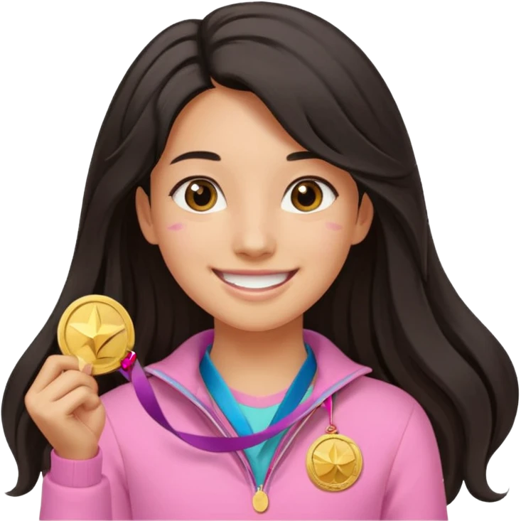black haired girl wearing pastel pink with one medal, remove any hats, make her smile, make her hair longer, make her tan. no blue please and i said one medal only emoji