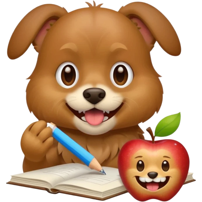 playful dog with homework half in its mouth, teeth visible tearing paper, apple style emoji emoji