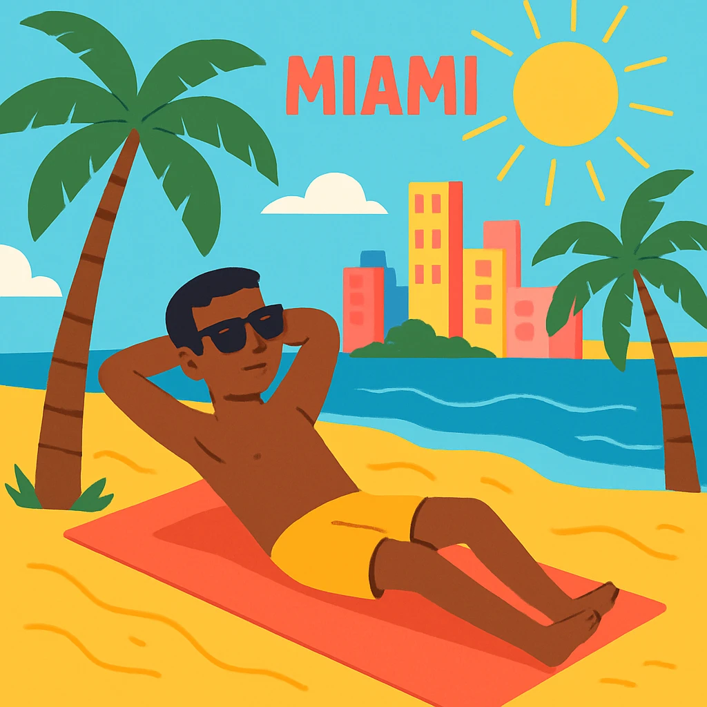 flat toon style of a person relaxing under the sun on Miami sand with bright colors and palm trees emoji