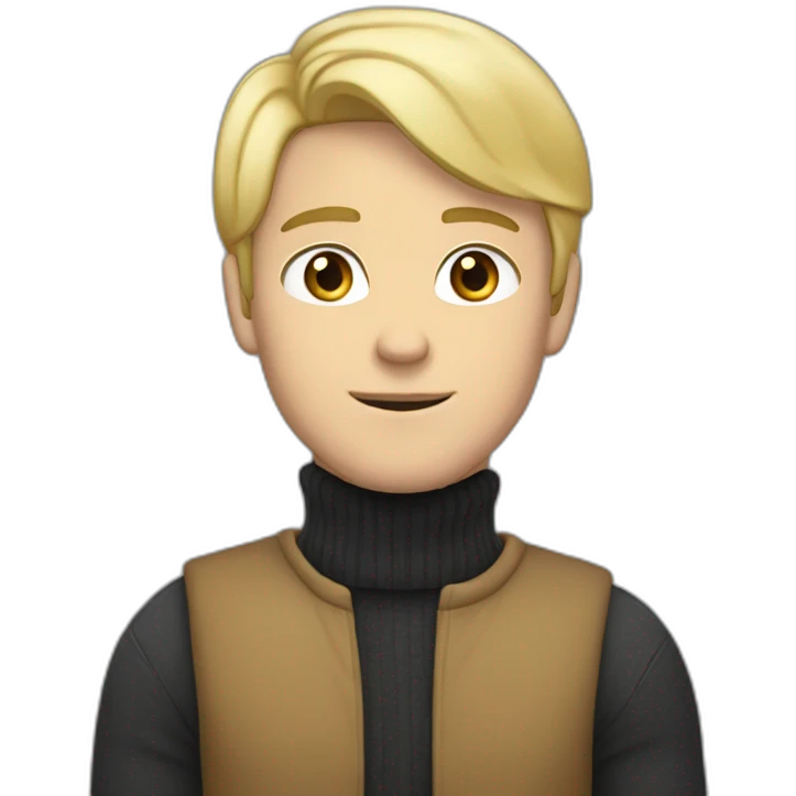 white-skinned guy in a turtleneck with blond hair shows a peace sign emoji
