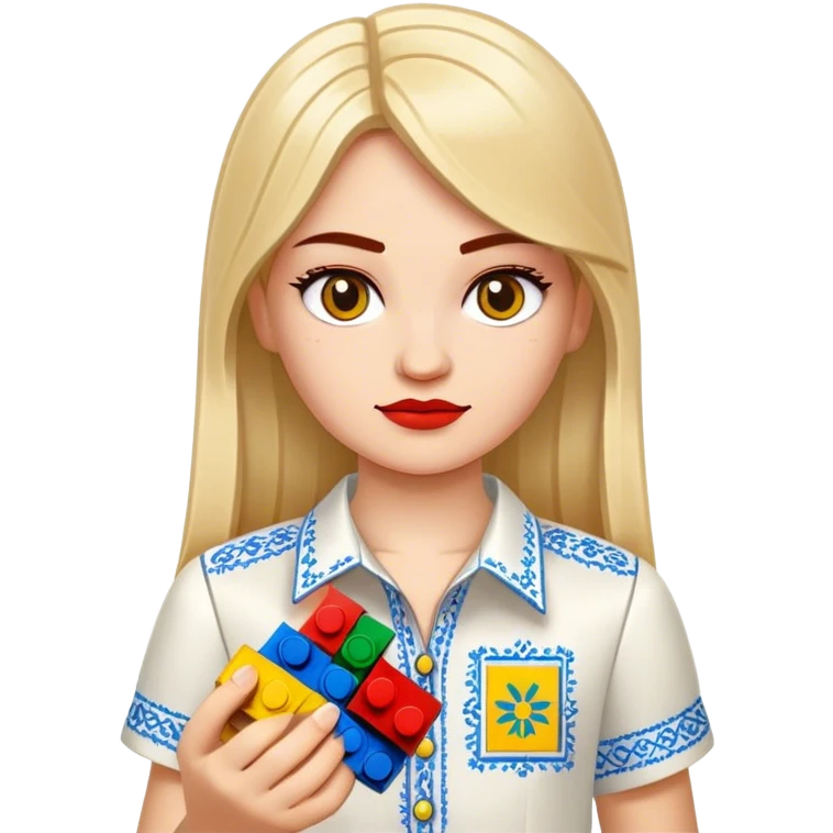A Ukrainian girl in an embroidered shirt holds Lego bricks emoji