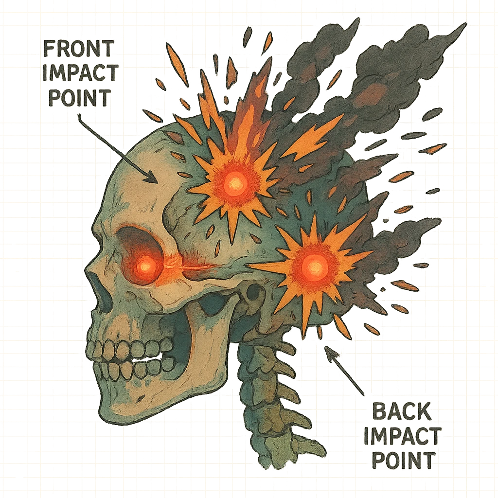 a skull exploding, diagram, front and back impact points, cyberpunk futuristic emoji