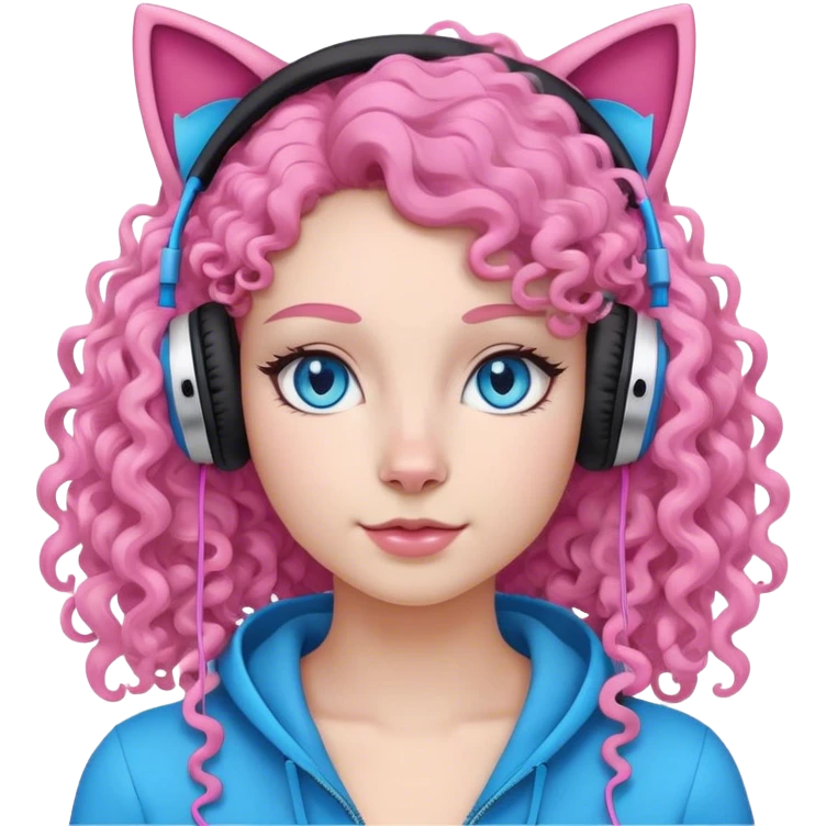 A woman with curly half black half white long hair and bright blue eyes wearing pink cat over the ear headphones emoji