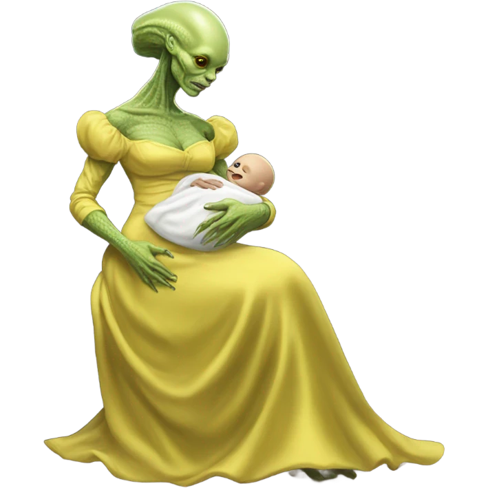  Reptilian alien woman, full body, in victorian jellow elegant dress, holds a newborn white humman baby emoji