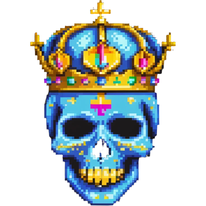 pixel art of a colorful skull with vibrant colors, wearing a gold crown and a bright ski mask emoji