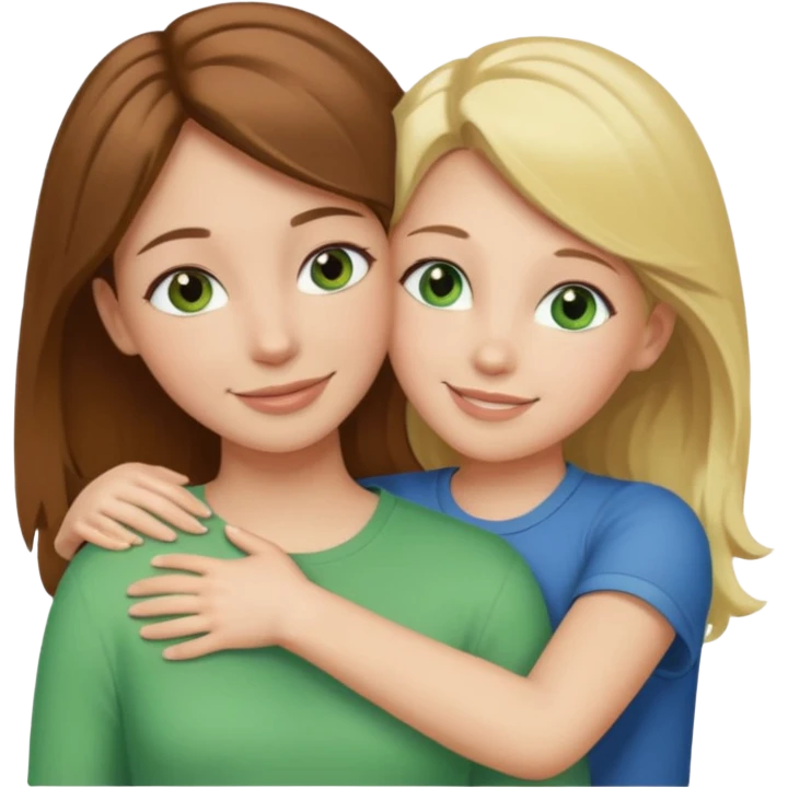 Maman avec les cheveux marrons les yeux marrons et la peau blanche, la fille avec les cheveux blond les yeux verts et la peau blanche, qui se font un câlin  emoji