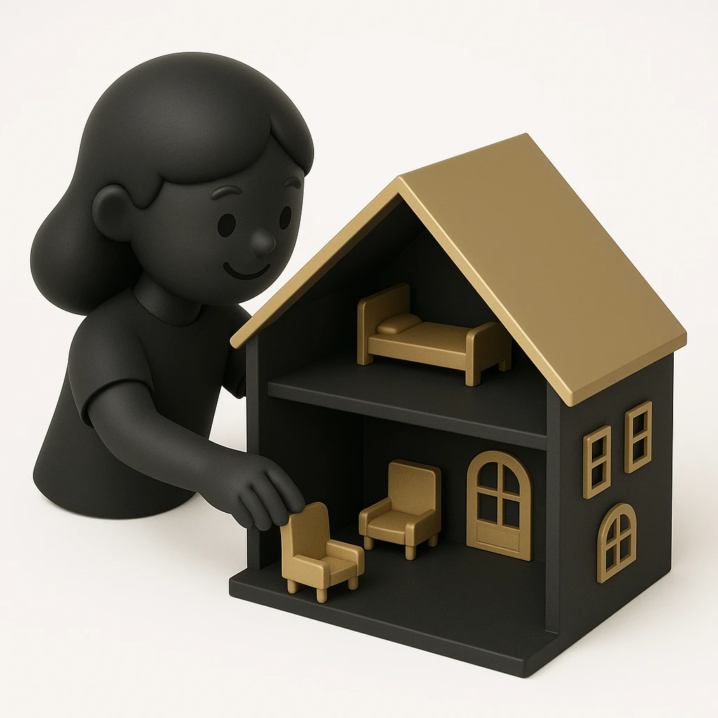 smiling girl arranging furniture in doll house emoji
