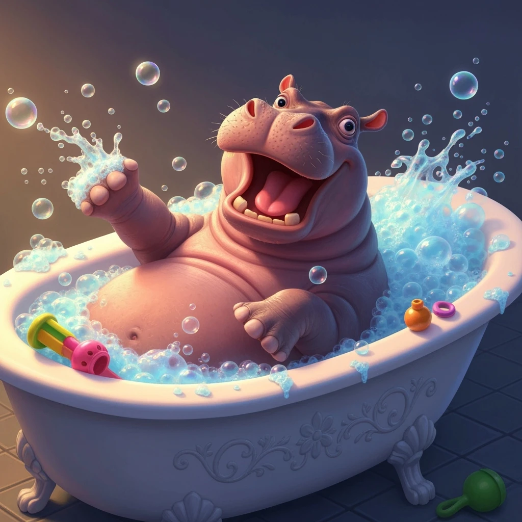 happy hippo with bubbles in bathtub emoji