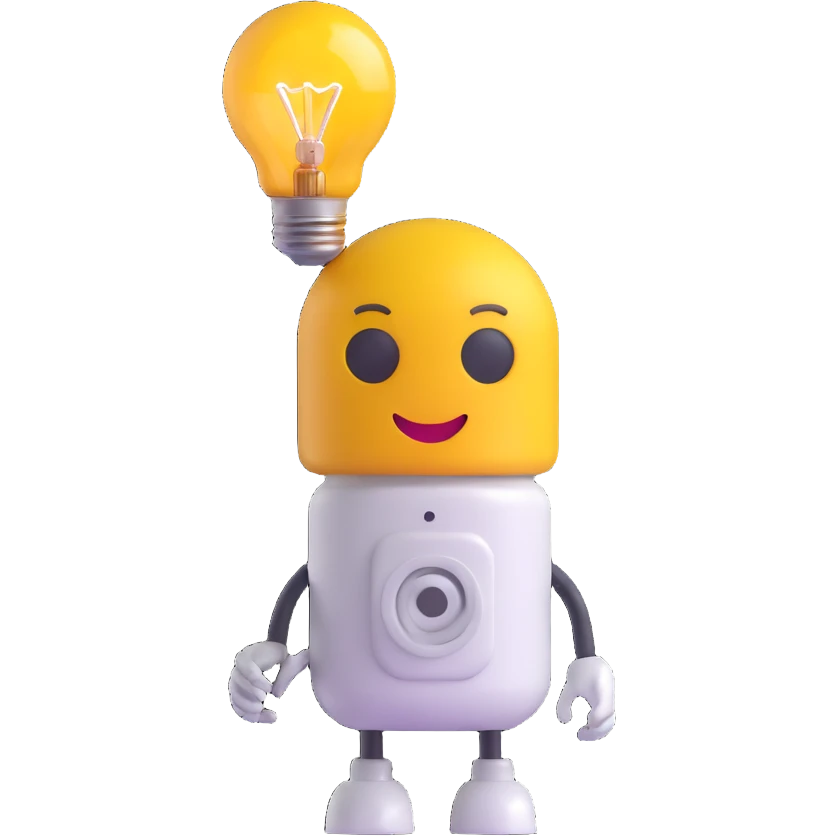 tiny robot emoji with a lightbulb head, symbolizing AI, cheerful face emoji