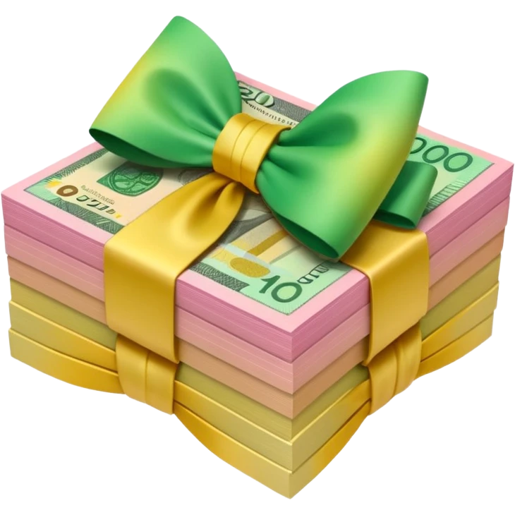 Bright Green & Golden Yellow Gradient Australian $100 notes stacked together and tied in a girly pink bow emoji