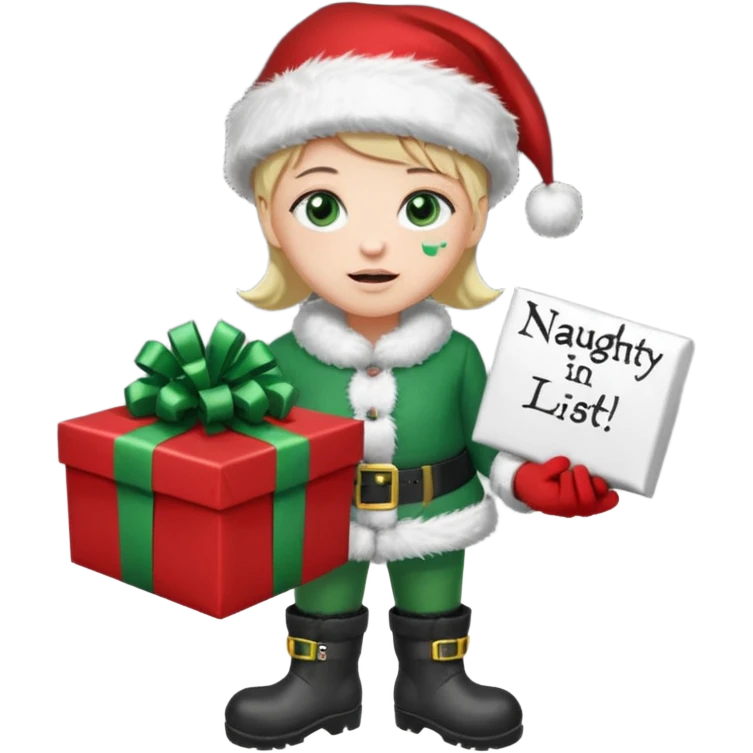 appears to be a naughty list with the words "NAUGHTY" written on top of it. It is sad with tears and wearing a Santa hat and has green boots and gloves. It is holding a present-looking chest in it's hands with coal inside. emoji