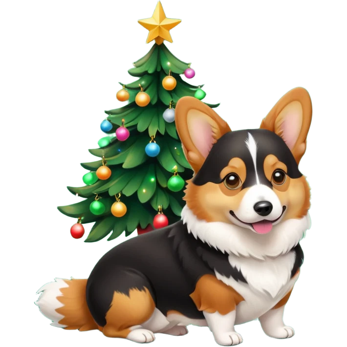 black tricolor corgi with no tail and christmas tree next to it emoji