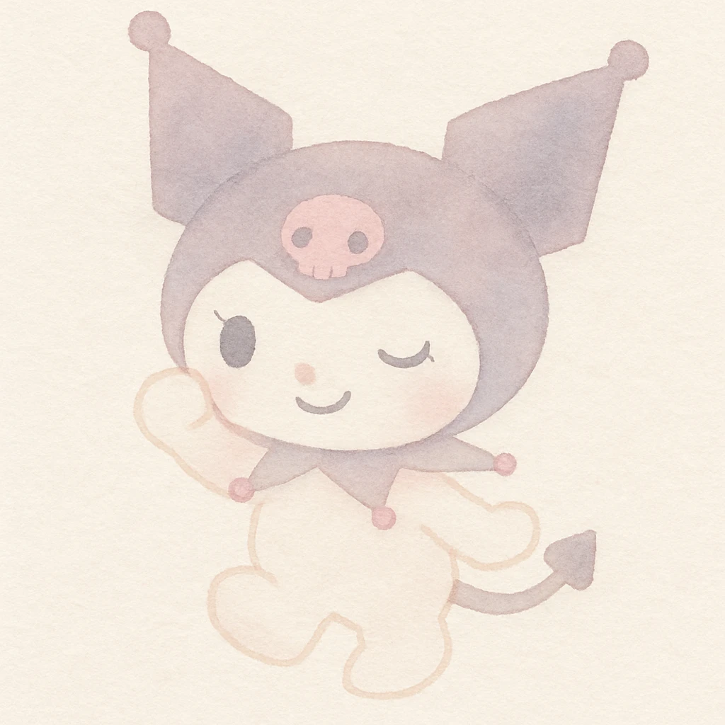 Kuromi character, watercolor art style, winking, playful pose, pink and purple tones emoji