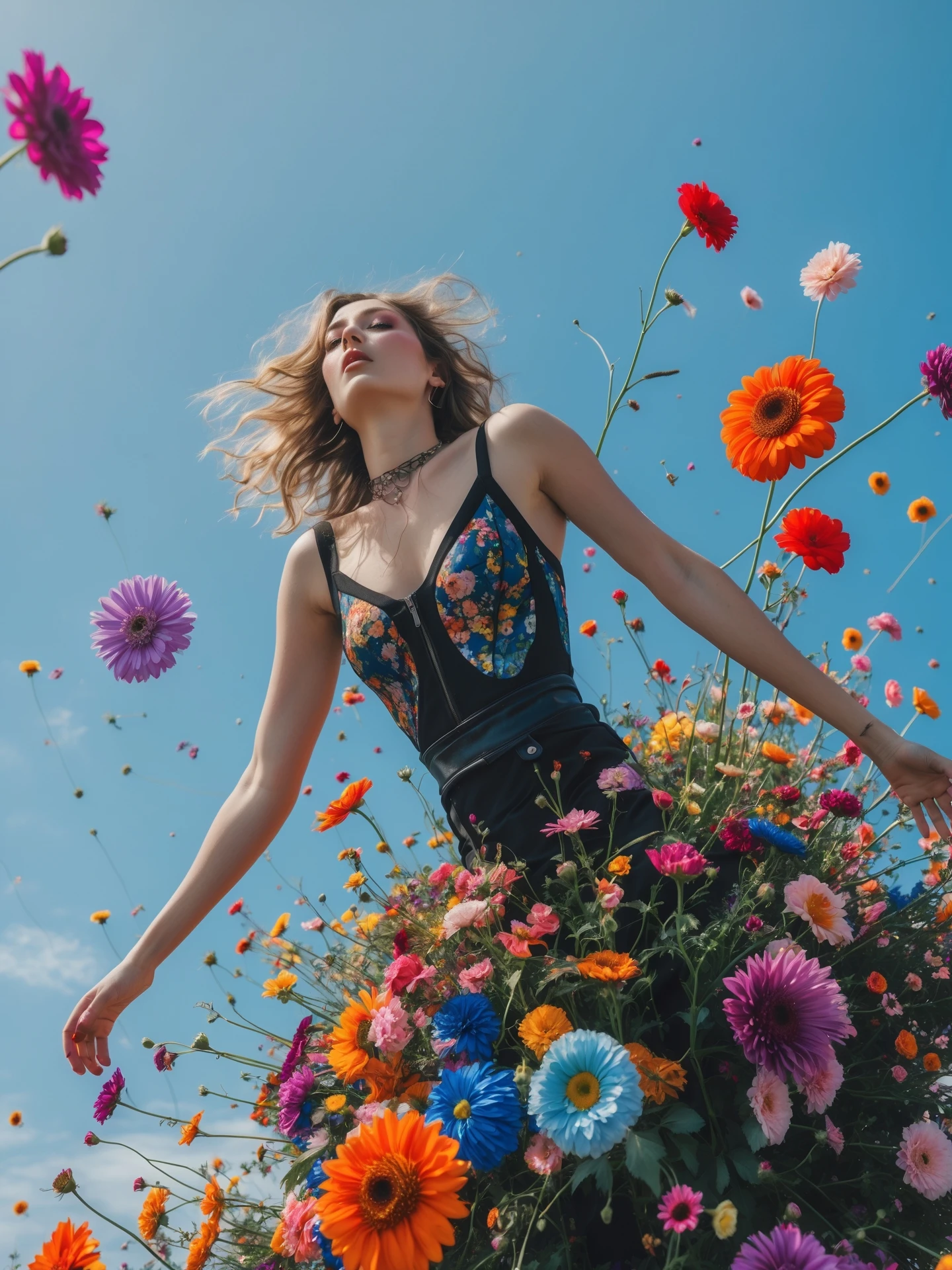 Closeup photo of a woman falling around explosion of a colorfull flowers wearing alternative fashion, blue sky minimalistic background emoji